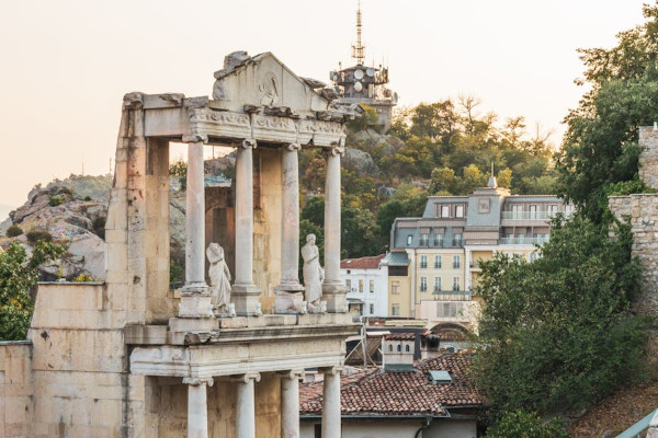 Tourists Resting in Roman Theatre of Philippopolis Ruins in Plovdiv, Bulgaria